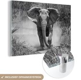 MuchoWow® Glasschilderij 90x60 cm - Schilderij acrylglas - Rennende olifant - zwart wit - Foto op glas - Schilderijen