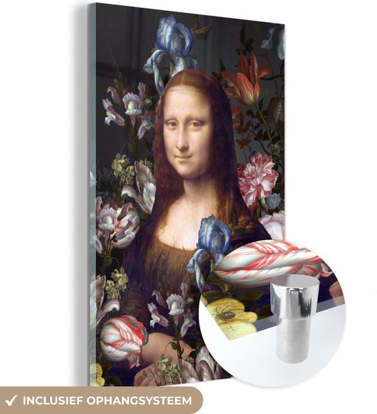 MuchoWow® Glasschilderij 20x30 cm - Schilderij acrylglas - Mona Lisa - Leonardo da Vinci - Bloemen - Foto op glas - Schilderijen