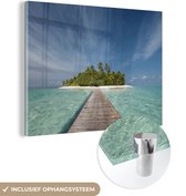 MuchoWow® Glasschilderij 40x30 cm - Schilderij acrylglas - Zee - Pier - Eiland - Foto op glas - Schilderijen