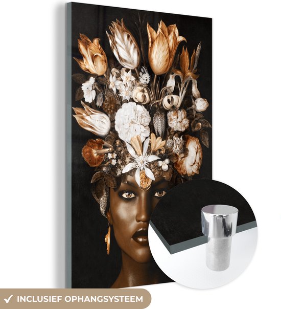 Peintures sur verre - Femme - Fleurs - Zwart - 60x90 cm - Peintures Plexiglas