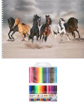 Schetsboek Paarden liefhebbers A4 50 paginas met 50 viltstiften - Tekenboeken cadeau voor kinderen/meisjes