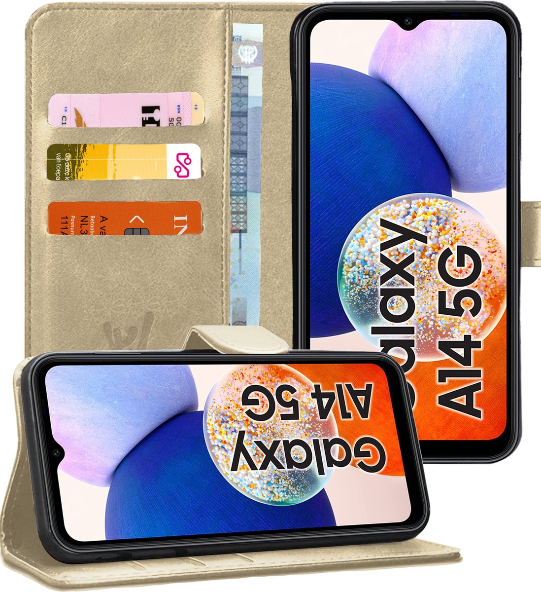 Hoesje geschikt voor Samsung Galaxy A14 - Book Case Kunstleer Pasjeshouder Goud