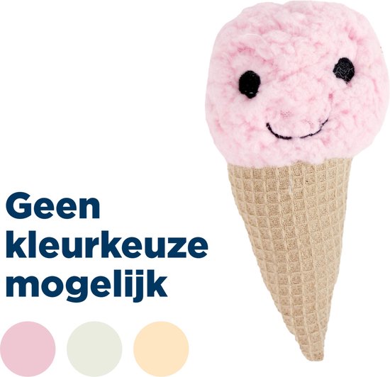 Roze gehaakt ijsje met gezichtje, staat in een bruin wafel ijshoorntje. Ernaast staan cirkels in roze, crème en geel met de tekst "Geen kleurkeuze mogelijk".