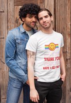 Shirt - Thank you, have a gay day - Wurban Wear | Grappig shirt | Pride | Unisex tshirt | Pride vlag | Regenboog vlag | LGBTQ | Make up | Gay | Liefde | Wit