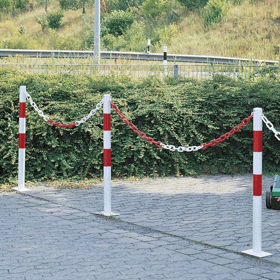 Potelet de barrière Bern, rond, rouge blanc Fixation au sol Avec œillets de chaîne