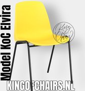 King of Chairs model KoC Elvira geel met zwart onderstel. Kantinestoel stapelstoel kuipstoel vergaderstoel tuinstoel kantine stoel stapel stoel tuin stoel kantinestoelen stapelstoelen kuipstoelen stapelbare keukenstoel Helene eetkamerstoel