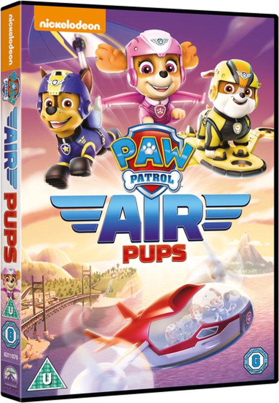 Paw Patrol: Air Pups DVD-hoes met Chase, Skye en Marshall die vliegen in hun vliegtuigen. Nickelodeon en Paw Patrol logo's zichtbaar.