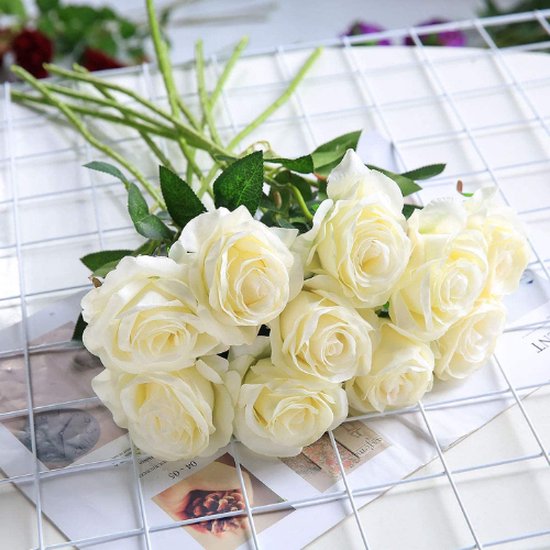 ROSIFY Fleurs artificielles - Fausses Fleurs - Roses Artificielles - Fleurs en Soie - Set de 10 Roses Artificielles - 50cm - Wit