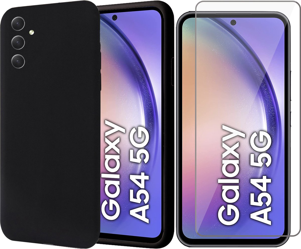 Hoesje geschikt voor Samsung Galaxy A54 - Screen Protector GlassGuard - Back Cover Case SoftTouch Zwart & Screenprotector
