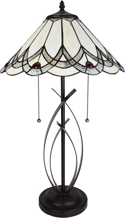 HAES DECO - Tiffany Tafellamp Ø 39x69 cm Beige Glas Kunststof Rond Tiffany Bureaulamp Tiffany Lampen Glas in Lood