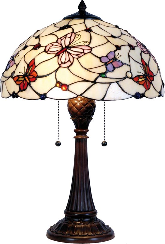 HAES DECO - Tiffany Tafellamp Ø 41x60 cm Beige Paars Glas Halfrond Vlinder Tiffany Bureaulamp Tiffany Lampen Glas in Lood