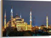 WallClassics - Hout - Sultan AhmetMoskee in de Nacht in Istanbul, Turkije - 80x60 cm - 9 mm dik - Foto op Hout (Met Ophangsysteem)