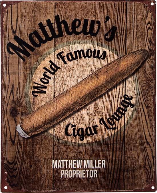 Clayre & Eef Tekstbord 20x25 cm Bruin Ijzer Sigaar Matthew's World famous cigar lounge Wandbord