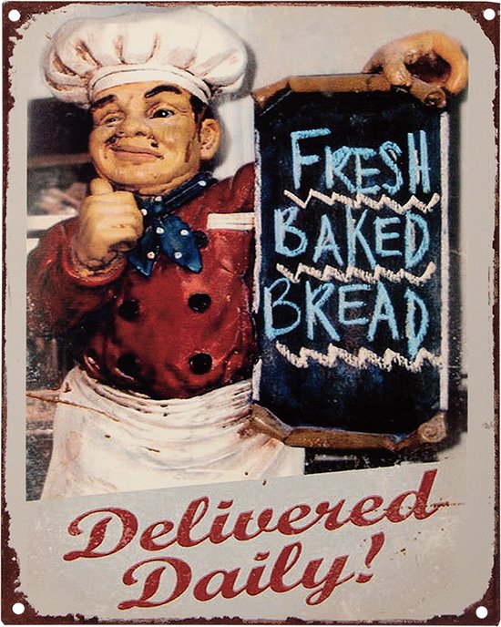 Clayre & Eef Tekstbord 20x25 cm Beige Ijzer Bakker Fresh baked bread Wandbord