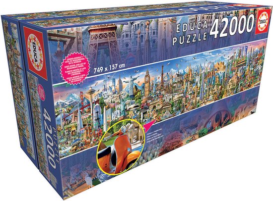 De verpakking van een Educa 42000-delige puzzel met een panorama van wereldberoemde monumenten en steden.