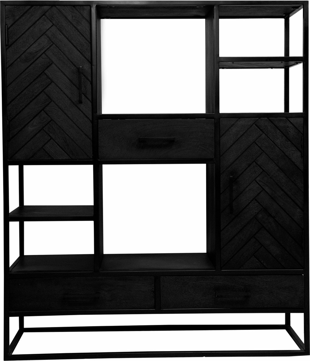 Mangohouten Vakkenkast Toronto Black 120 cm Mahom Industrieel - Vitrinekast van Mangohout & Metaal - Industriële Buffetkast
