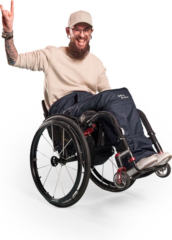 MyBlanket S/M, wind- en waterdicht rolstoeldeken, snel geplaatst zonder op te staan uit de rolstoel, voor manuele én elektrische rolstoel; 38 x 24 x 8 cm ; 0,6 kg, wasbaar op 30°C - Night Blue met Turquoise rits