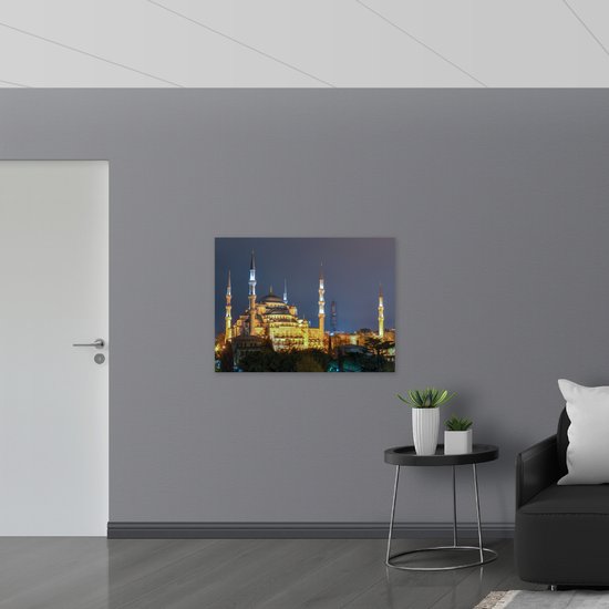WallClassics - Poster Glanzend – Sultan AhmetMoskee in de Nacht in Istanbul, Turkije - 100x75 cm Foto op Posterpapier met Glanzende Afwerking