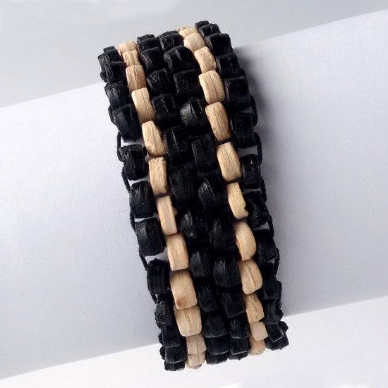 Bracelet perles de coco - Zwart/ Crème - 6 perles de large
