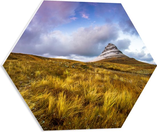 PVC Schuimplaat Hexagon - Kirkjuffel Berg in IJsland - 50x43.5 cm Foto op Hexagon (Met Ophangsysteem)
