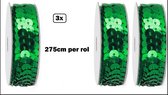 3x Rol Paillettenband groen - 2,75 meter op rol - Thema feest festival party feest pailletten
