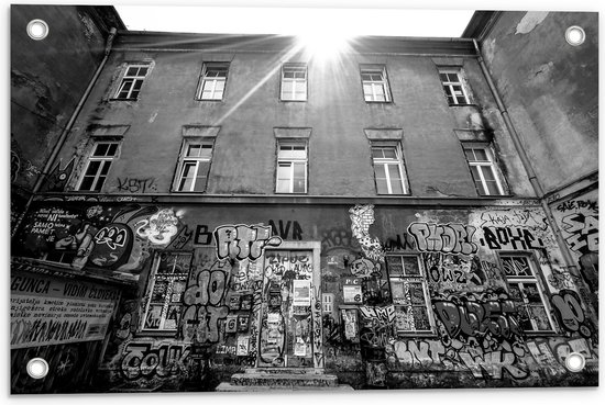 Tuinposter – Graffiti op Muren in het Zwart Wit - 60x40 cm Foto op Tuinposter (wanddecoratie voor buiten en binnen)