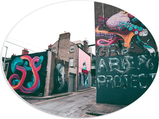 PVC Schuimplaat Ovaal - Straat vol met Graffiti - 40x30 cm Foto op Ovaal (Met Ophangsysteem)