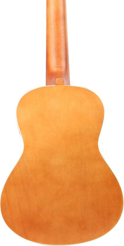 Achterkant van een naturel houten concertukelele.