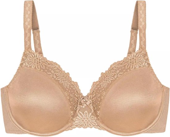Nude beha met kantafzetting op de cups en bandjes. Klein strikje in het midden.