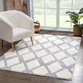 Flycarpets Solace Hoogpolig Geruit Vloerkleed - Creme / Grijs - 80x150 cm