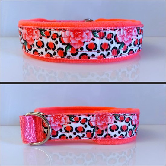 Sliphalsband neon roze bloemen panterprint halfcheck halsband