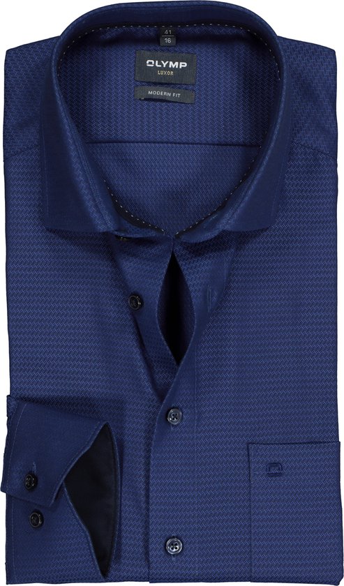 OLYMP modern fit overhemd - mouwlengte 7 - structuur - marine blauw (contrast) - Strijkvrij - Boordmaat: 40