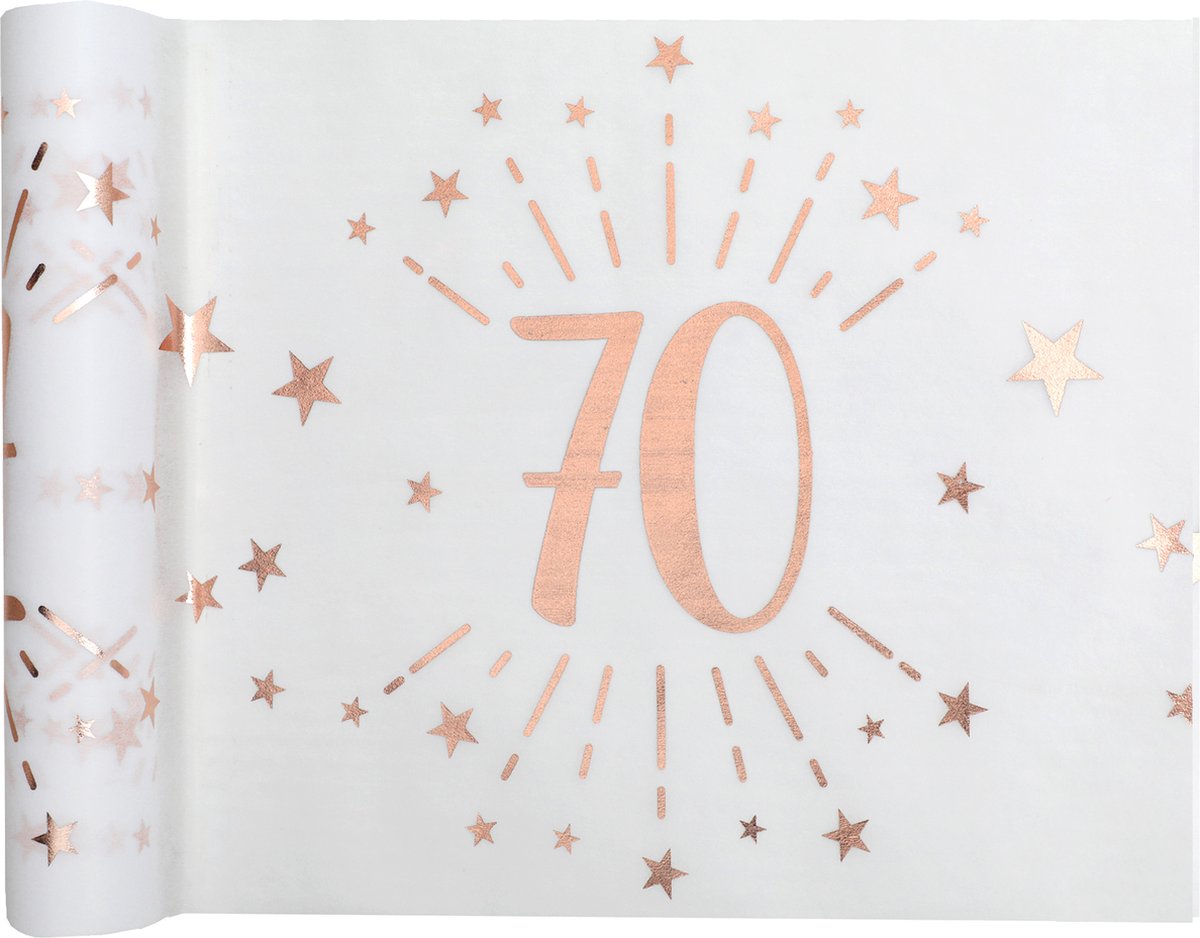 Santex Tafelloper op rol - 2x - 70 jaar verjaardag - polyester - wit/rose goud - 30 x 500 cm