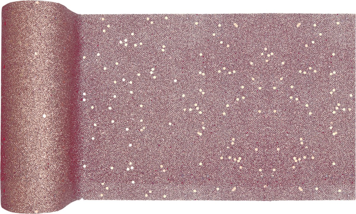 Santex Kerstdiner glitter tafelloper smal op rol - 2x - rose goud - 18 x 500 cm - polyester