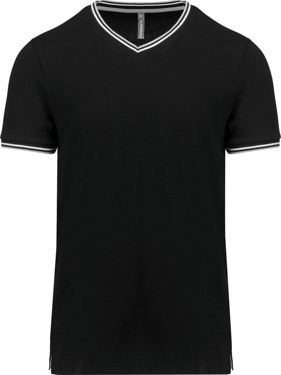 Zwart t-shirt met Grijs-wit streepje bij kraag en mouw V-hals merk Kariban maat S