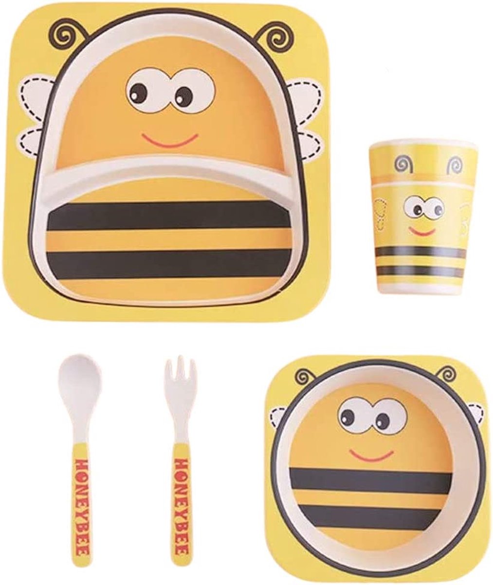 Kinderservies van kunststof 5-delige serviesset met dierenmotieven; beker, kom, bord, lepel & vork voor kinderen (Bee)