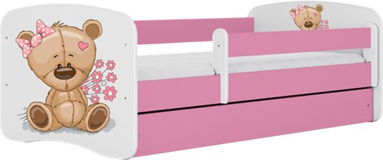 Kocot Kids - Bed babydreams roze teddybeer bloemen zonder lade met matras 140/70 - Kinderbed - Roze