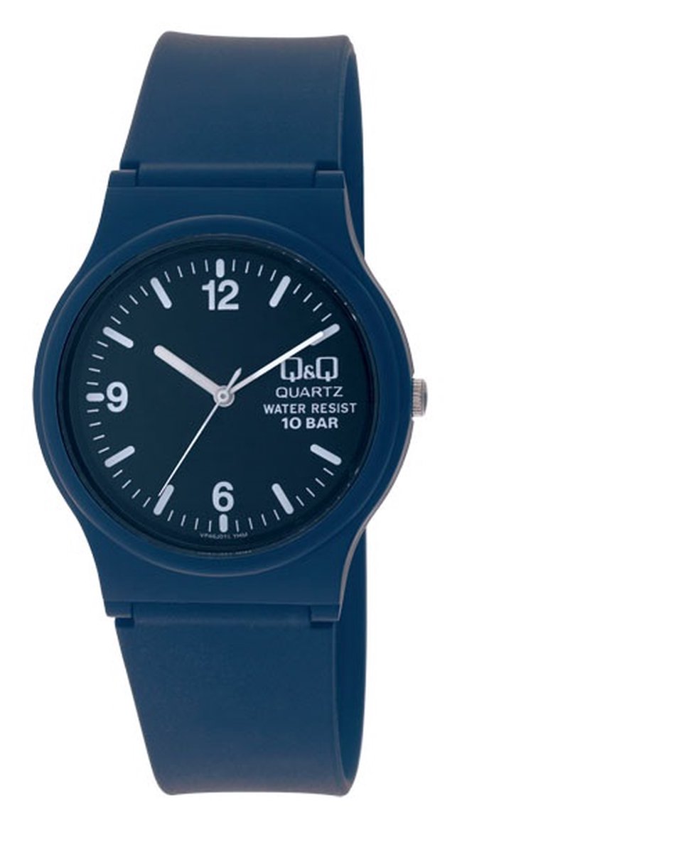 QQ VP46J015Y - Horloge - Sport - Analoog - Dames - Vrouwen - Kinderen - Plastic band - Rond - Kunststof - Cijfers - Donkerblauw - 10 ATM