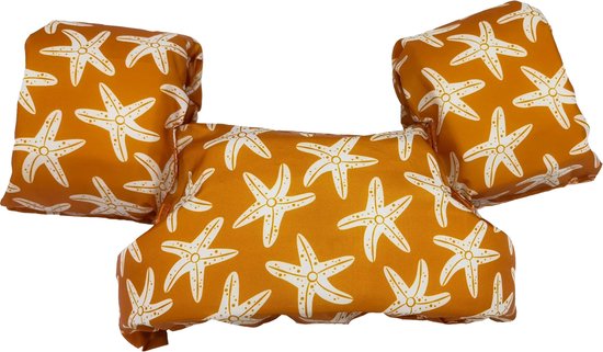 Oranje zwemvest met witte zeesterrenprint.