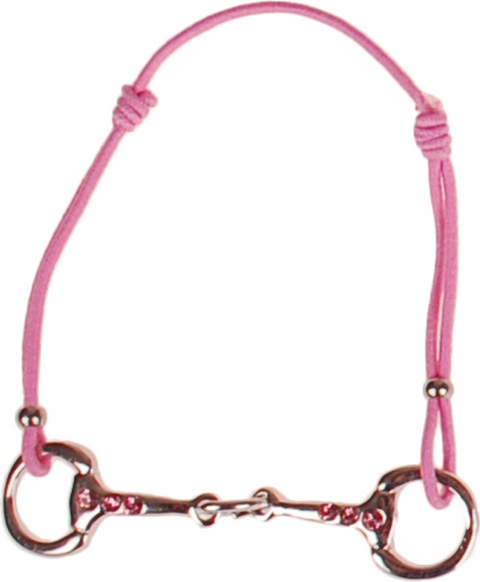 Kinderarmbandje Zilverkleurig Paardenbit met Strass Steentje - Verstelbaar Roze Elastiek