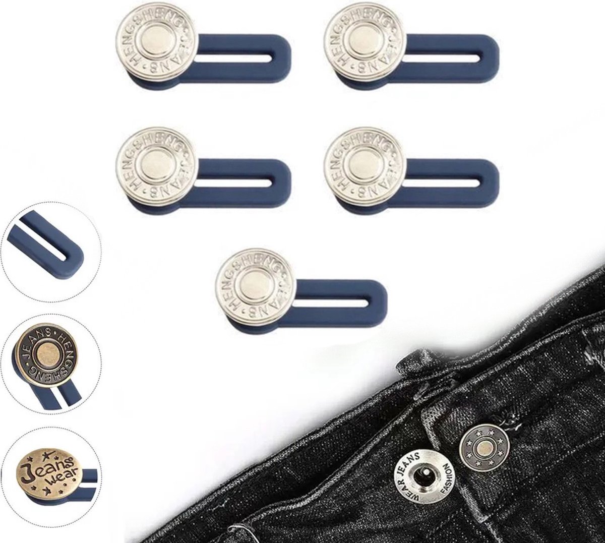 Rallonge de Boutonnière Premium 5 Pièces Argent, Extenseur de pantalon, Jeans