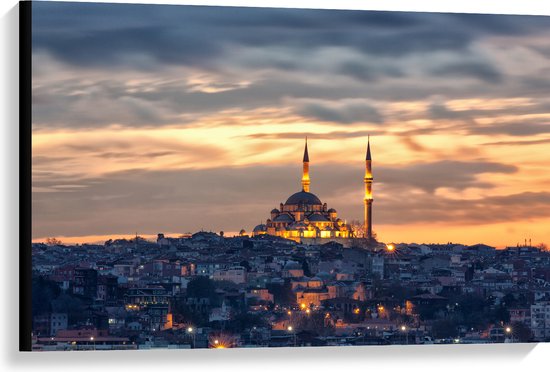 WallClassics - Canvas - Süleymaniye-Moskee op Begin van de Avond in Istanbul, Turkije - 90x60 cm Foto op Canvas Schilderij (Wanddecoratie op Canvas)