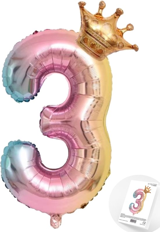Cijfer Ballon nummer 3 - Prins - Prinses - Royal Rainbow - Ballon - Regenboog Unicorn Kleuren - Prinsessen Verjaardag