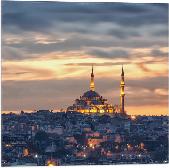 WallClassics - Drapeau - Mosquée Süleymaniye en début de soirée à Istanbul, Turquie - 50 x 50 cm Photo sur drapeau en polyester