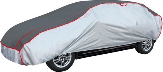 Bâche de voiture grise avec dessus argenté et passepoil rouge, sur fond blanc.