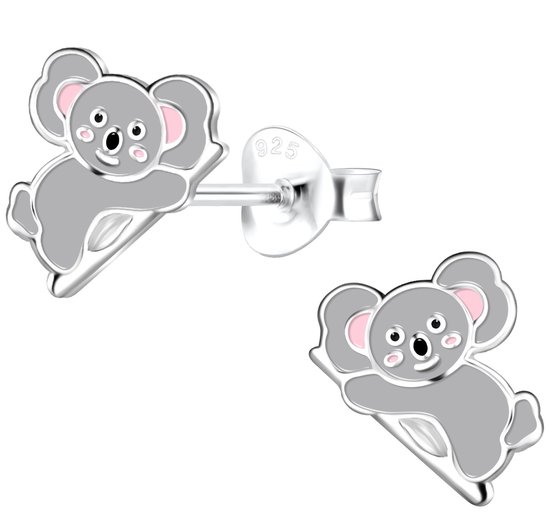 Joy|S - Zilveren koala oorbellen - 9 x 7 mm - grijs met roze - kinderoorbellen