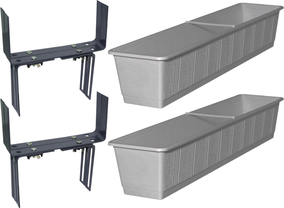 Set van 3 kunststof plantenbakken grijs rechthoekig 80 cm met 6 verstelbare balkon/muurbeugels -