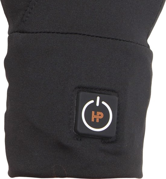 Detail van de zwarte HeatPerformance handschoen met aan/uit knop.
