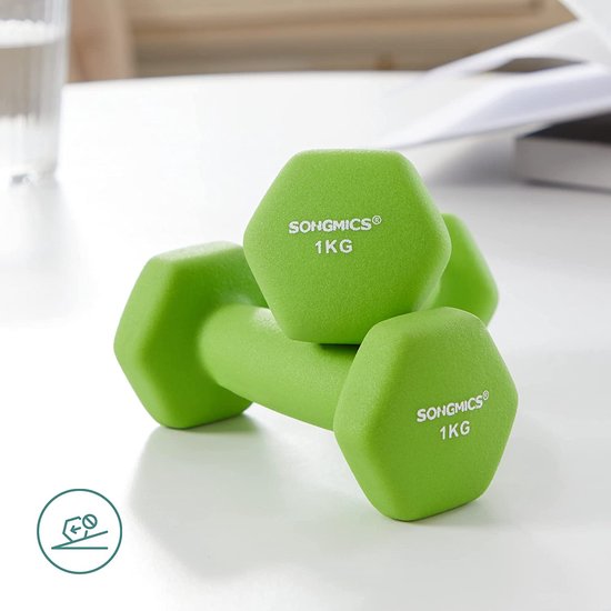 SONGMICS Halters, korte halters, set van 4, 2 waarvan 1 kg, waarvan 1,5 kg, krachttraining, thuis, op kantoor, fitnessstudio, oranje en geel SYL622YL