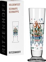 borrelglas 40 ml – serie Heldenfest motief nr. 14 – BBQ and beer – rond – Made in Germany, koper, blauw, rood, groen